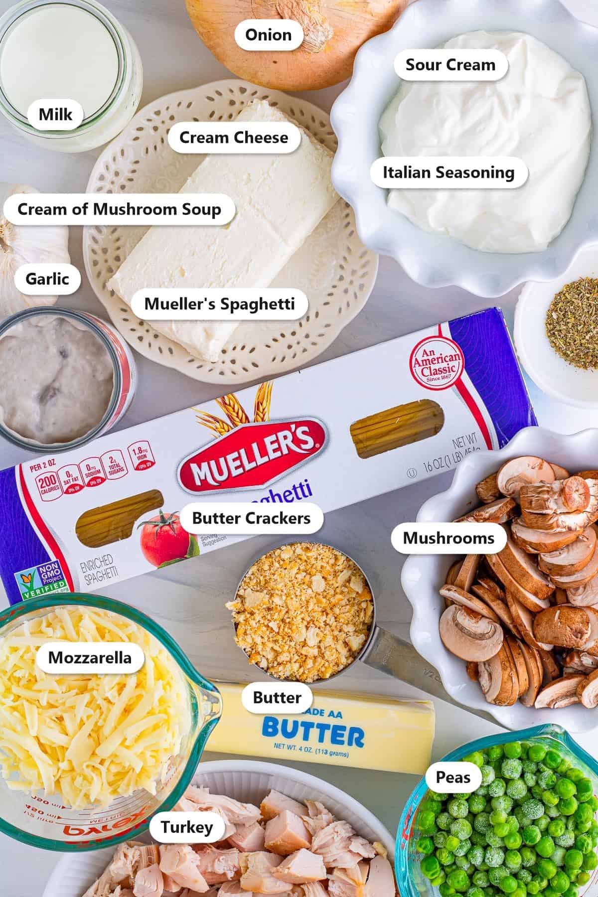 Turkey tetrazzini ingredients labeled on a marble surface including Mueller's spaghetti, cooked turkey, mushrooms, cream cheese, sour cream, cream of mushroom soup, mozzarella, peas, butter, onion, garlic, milk, and butter crackers.