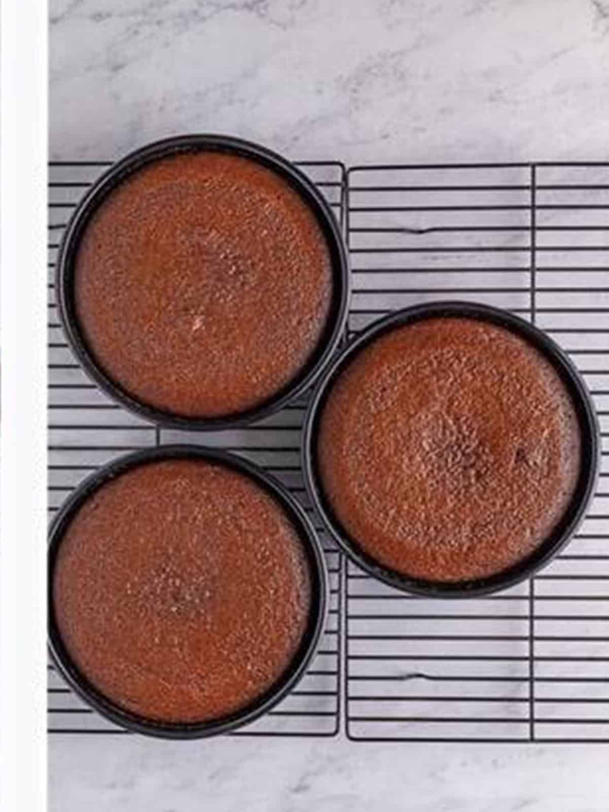 Three baked chocolate cake layers cooling on a wire rack.