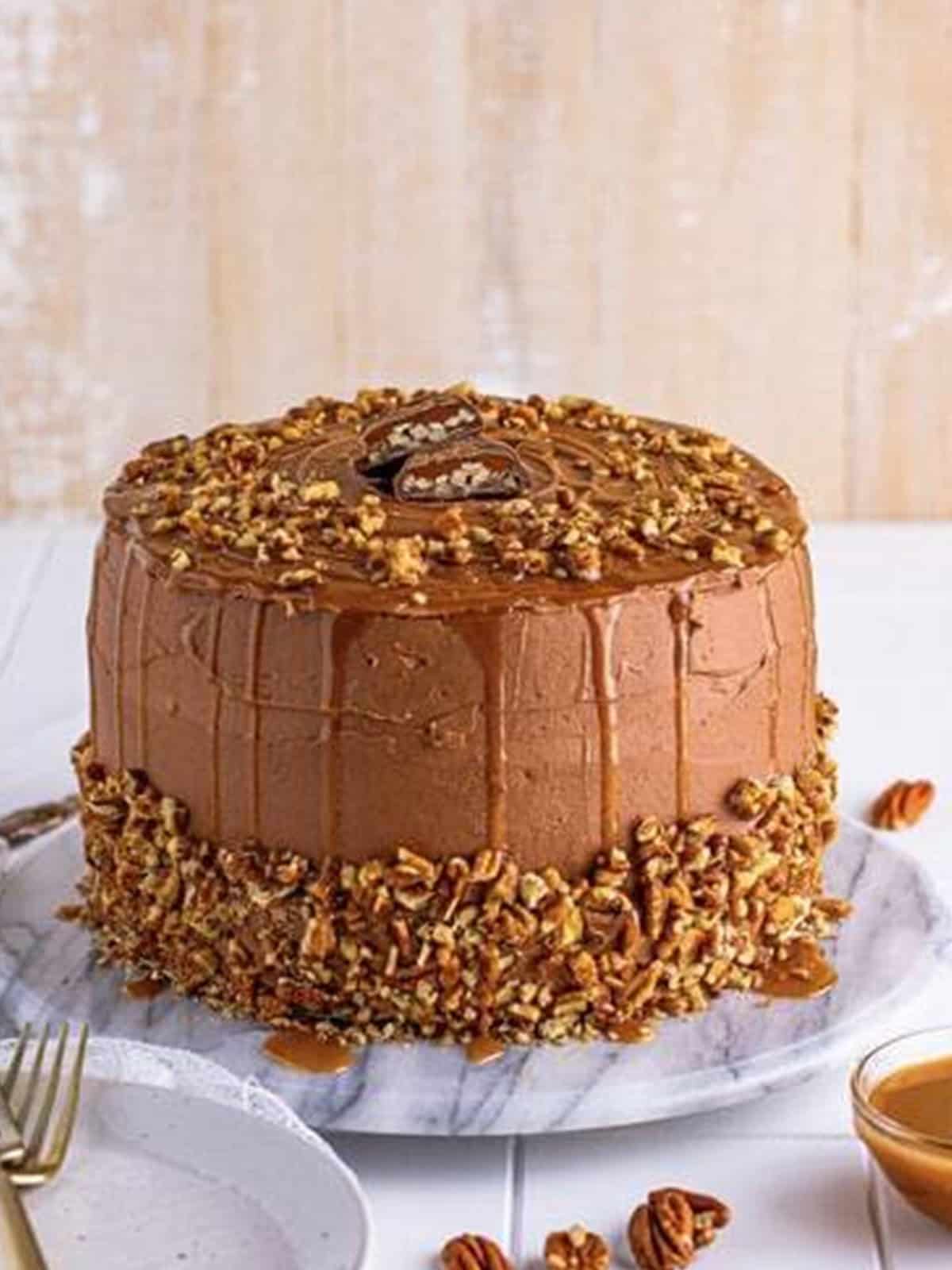 The assembled turtle cake frosted with chocolate frosting and topped with pecans and caramel.