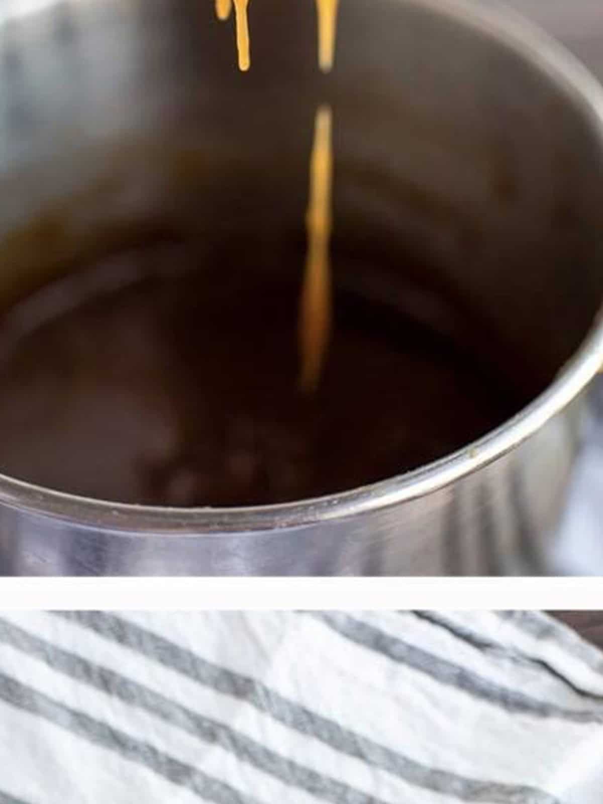 Whisking homemade caramel sauce in a saucepan for turtle cheesecake.