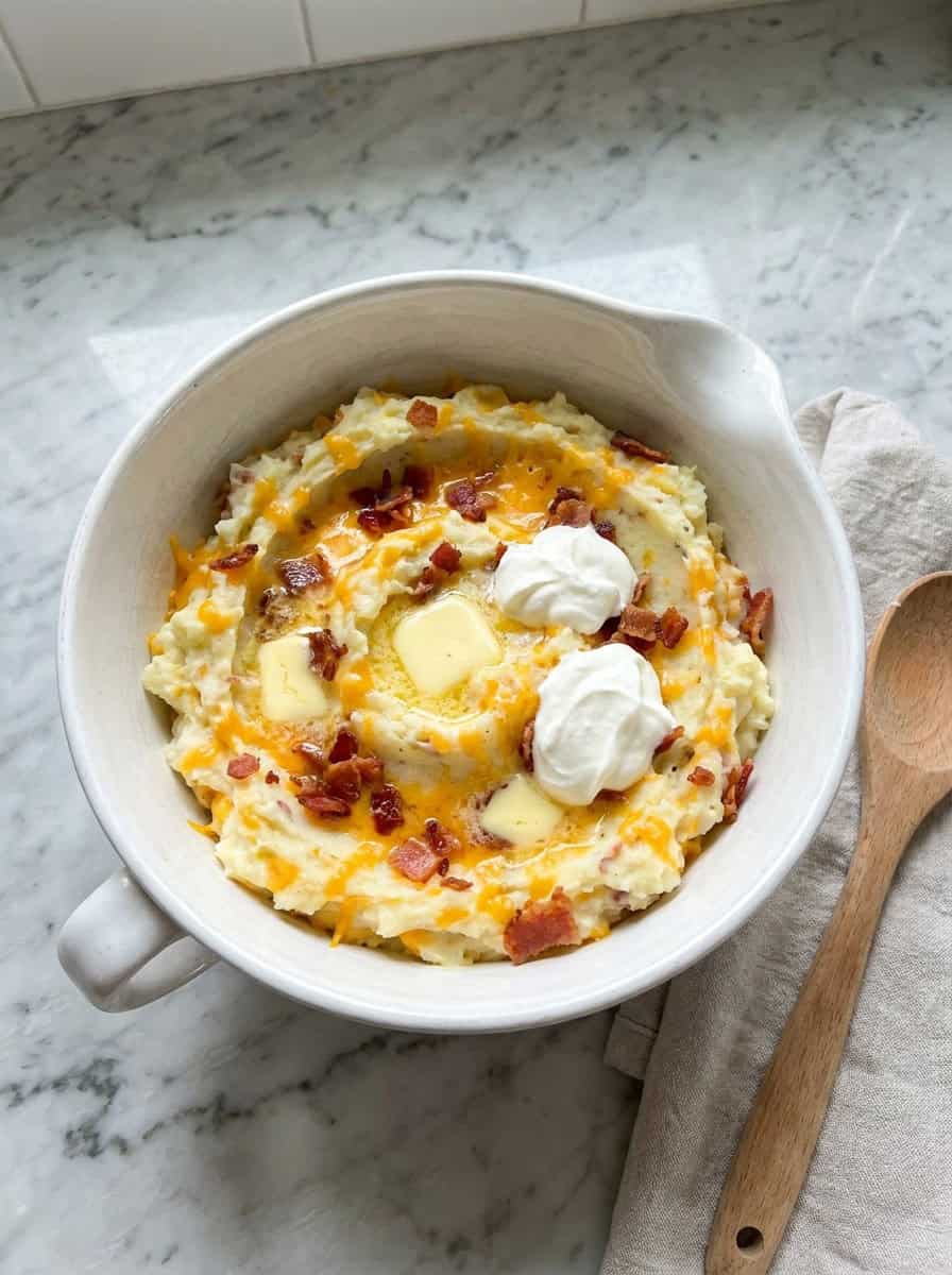 Creamy mashed potato filling with cheese, bacon, butter, and sour cream in a bowl.