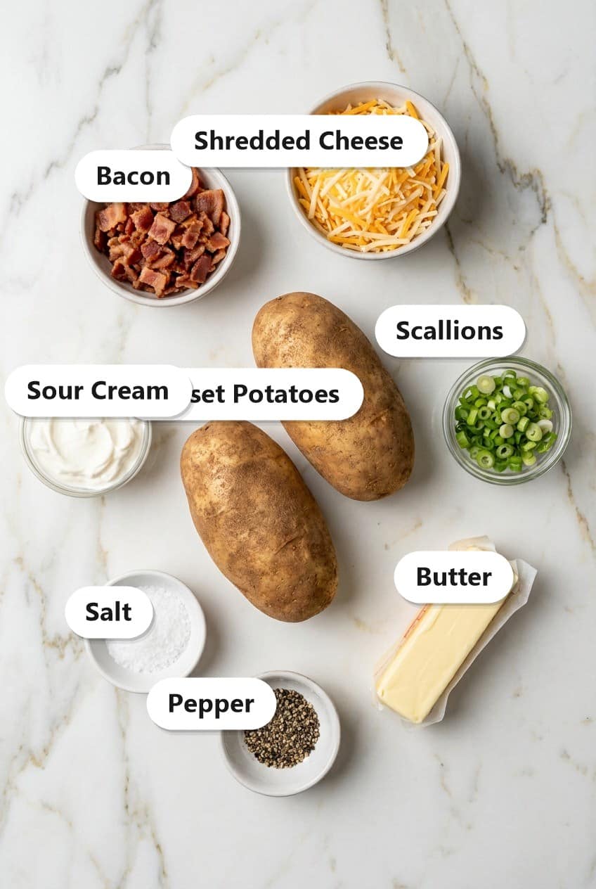 Labeled ingredients for twice baked potatoes including russet potatoes, bacon, shredded cheese, sour cream, butter, scallions, salt, and pepper.