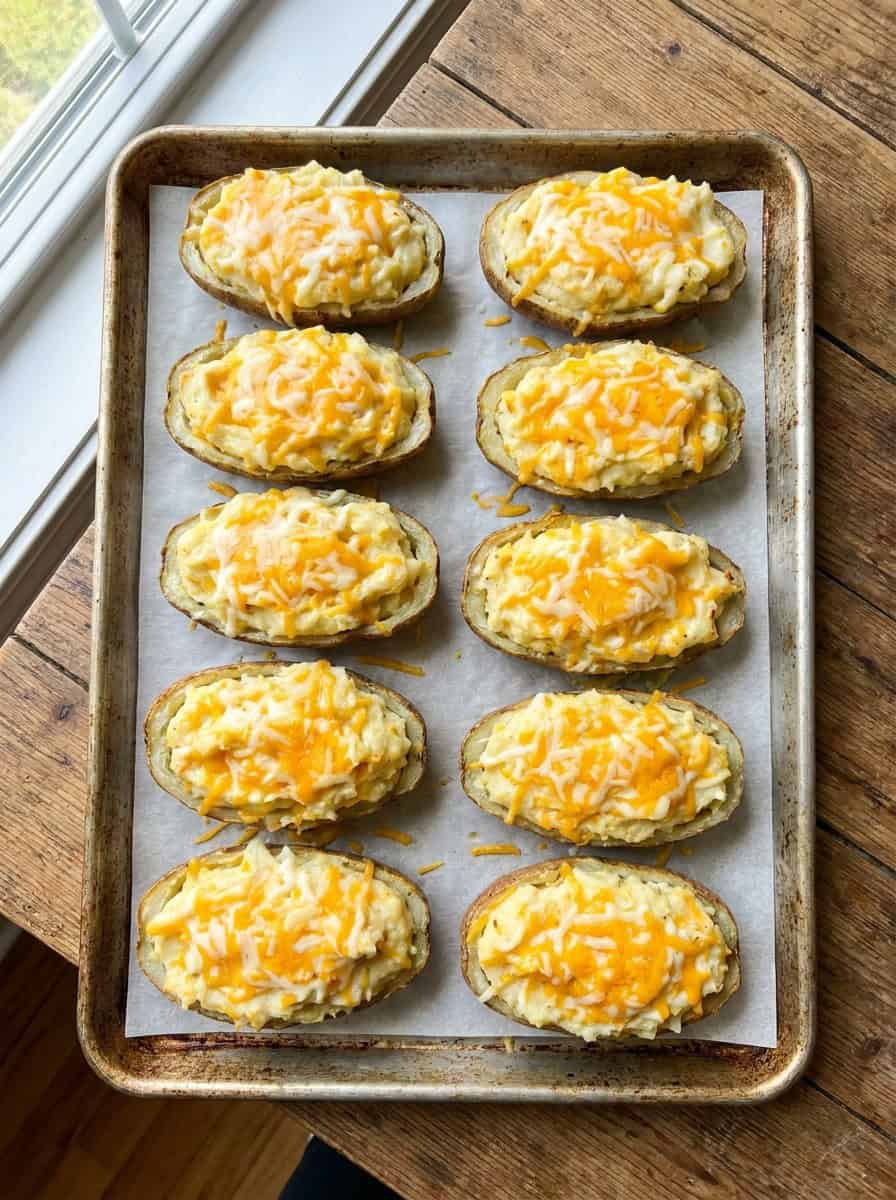 Potato skins filled with the cheesy mixture and topped with shredded cheese on a baking sheet.