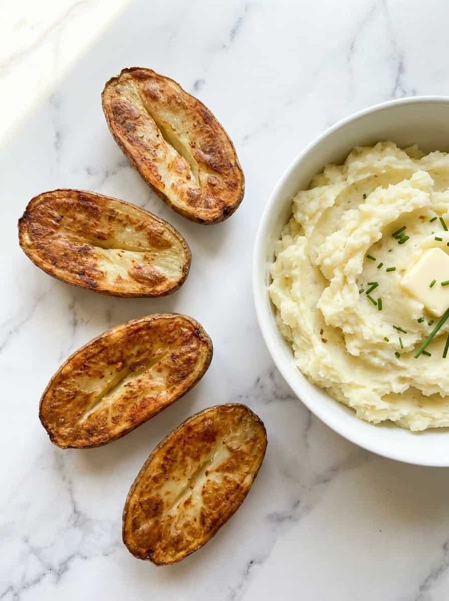 Baked russet potatoes sliced in half with the insides scooped into a bowl, skins kept intact.
