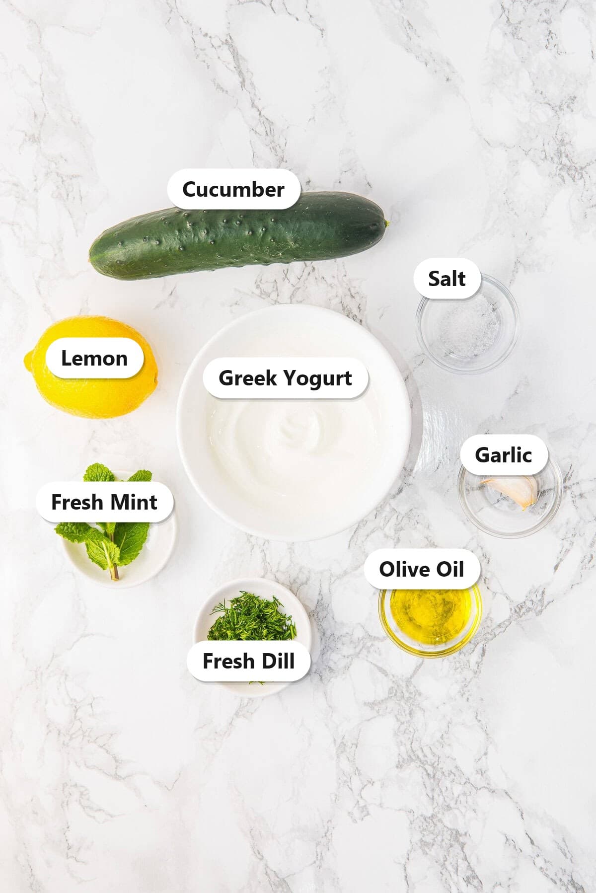 Labeled ingredients for tzatziki sauce including cucumber, Greek yogurt, lemon, fresh dill, fresh mint, garlic, olive oil, and salt on a marble surface.