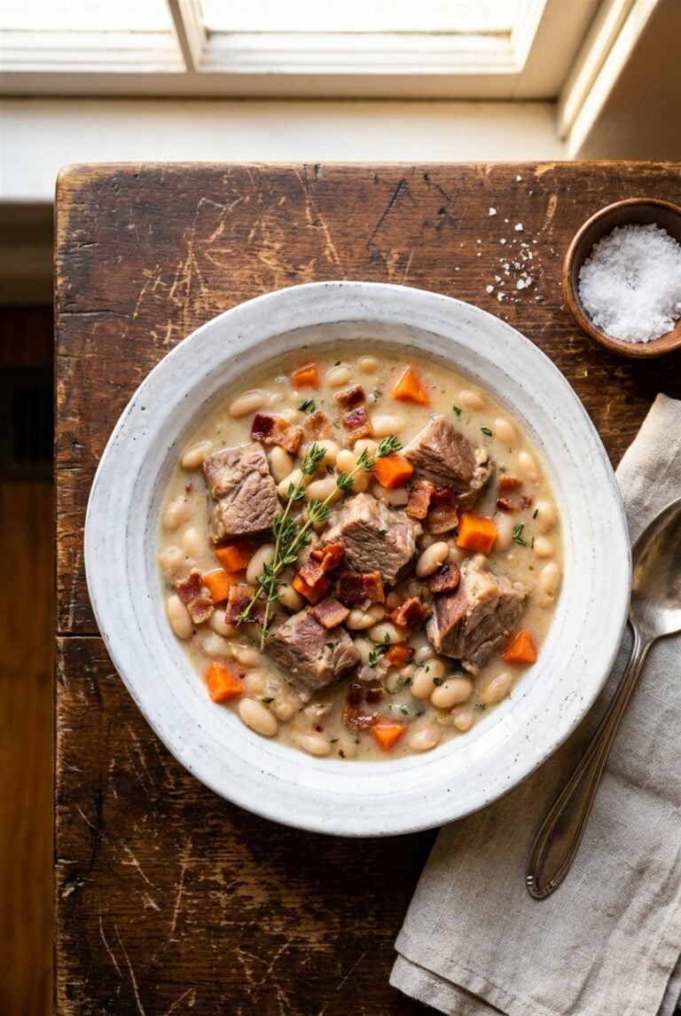 A rustic bowl of creamy White Bean and Pork Stew with tender pork, beans, carrots, and bacon.