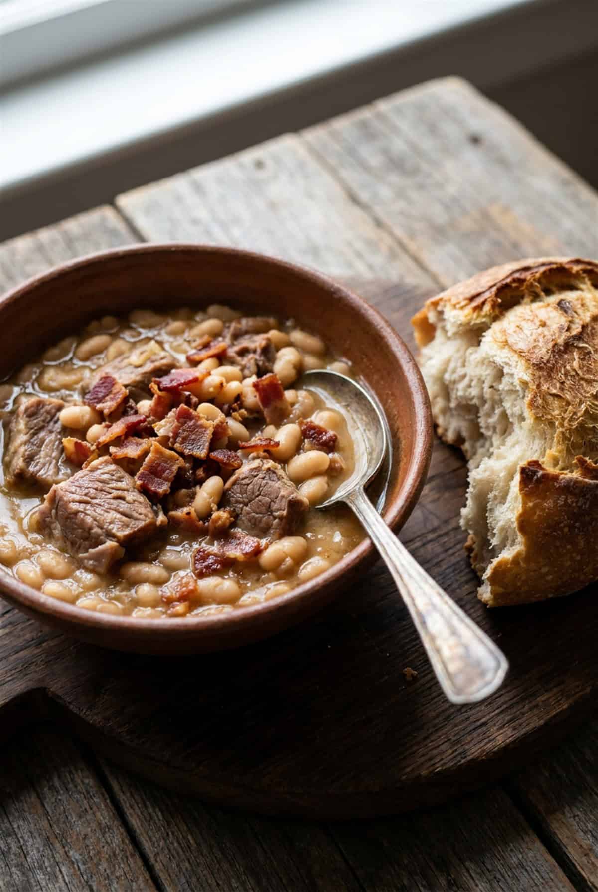 A close up bowl of creamy Pork Stew with white beans, bacon, and a spoon.