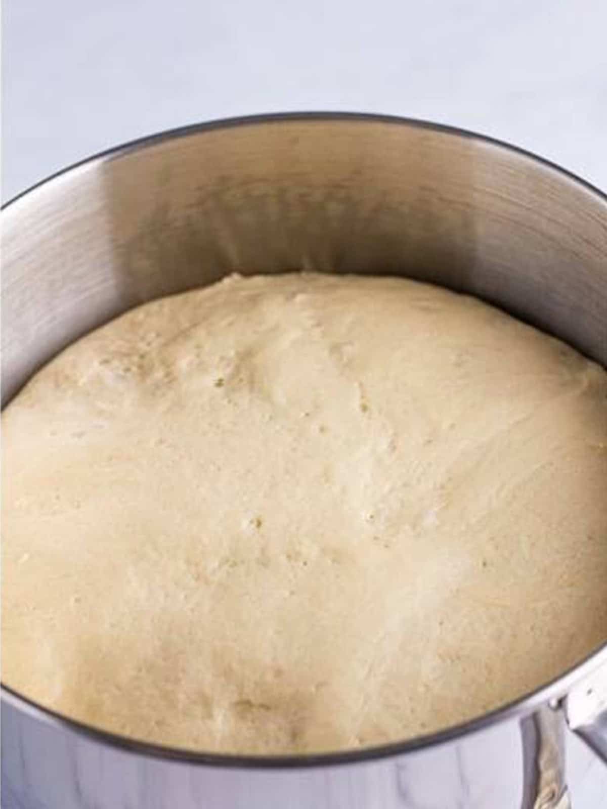 White bread dough risen and doubled in a bowl.