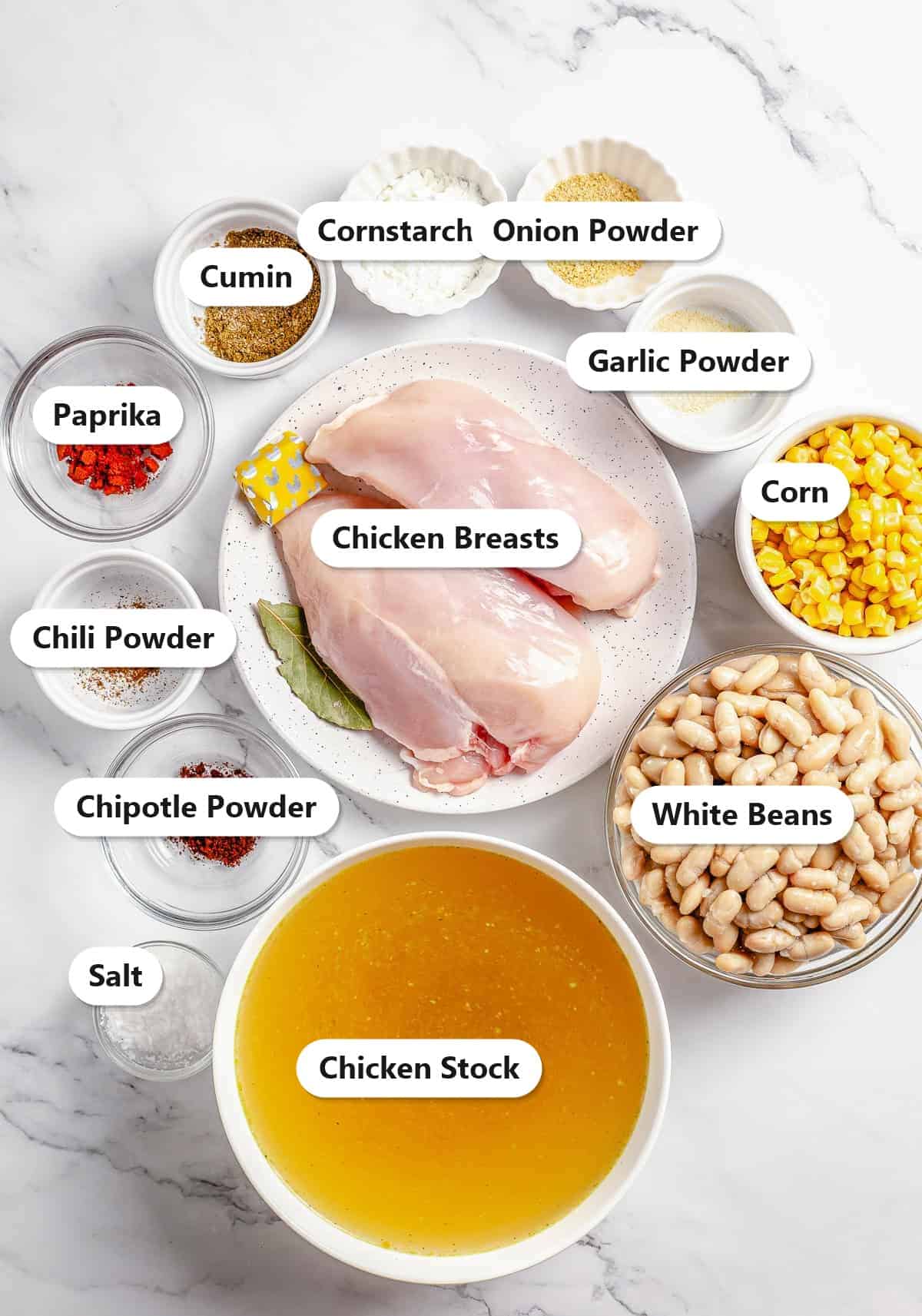 Labeled ingredients for white chicken chili including chicken breasts, white beans, corn, chicken stock, and spices.