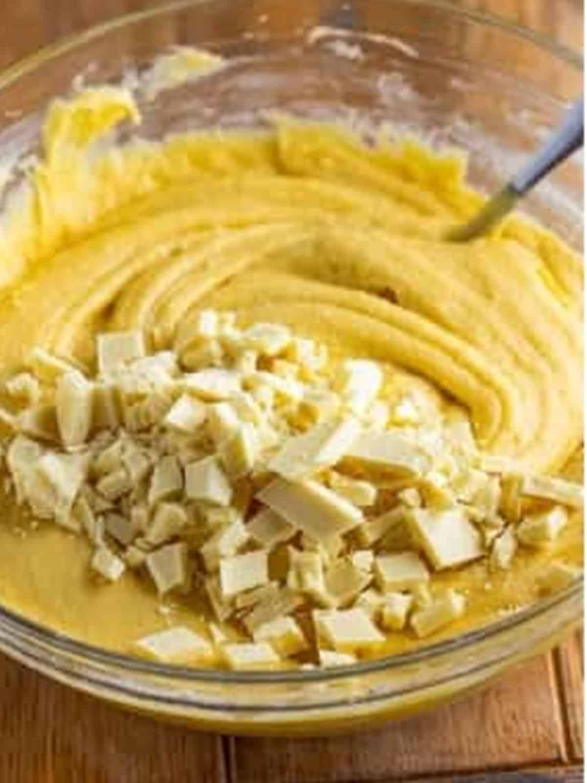 Chopped white chocolate folded into the thick white chocolate brownie batter.