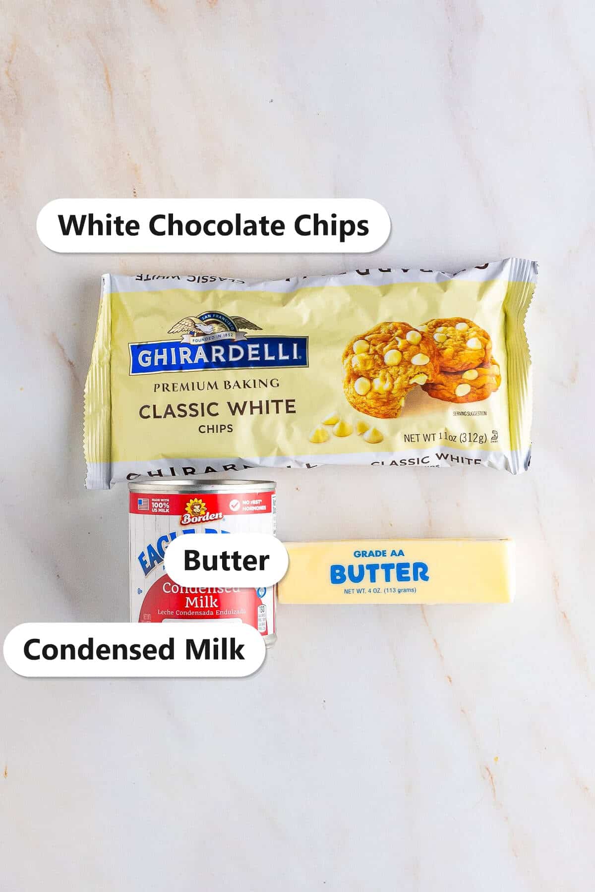 Labeled white chocolate truffles ingredients including white chocolate chips, sweetened condensed milk, and butter.