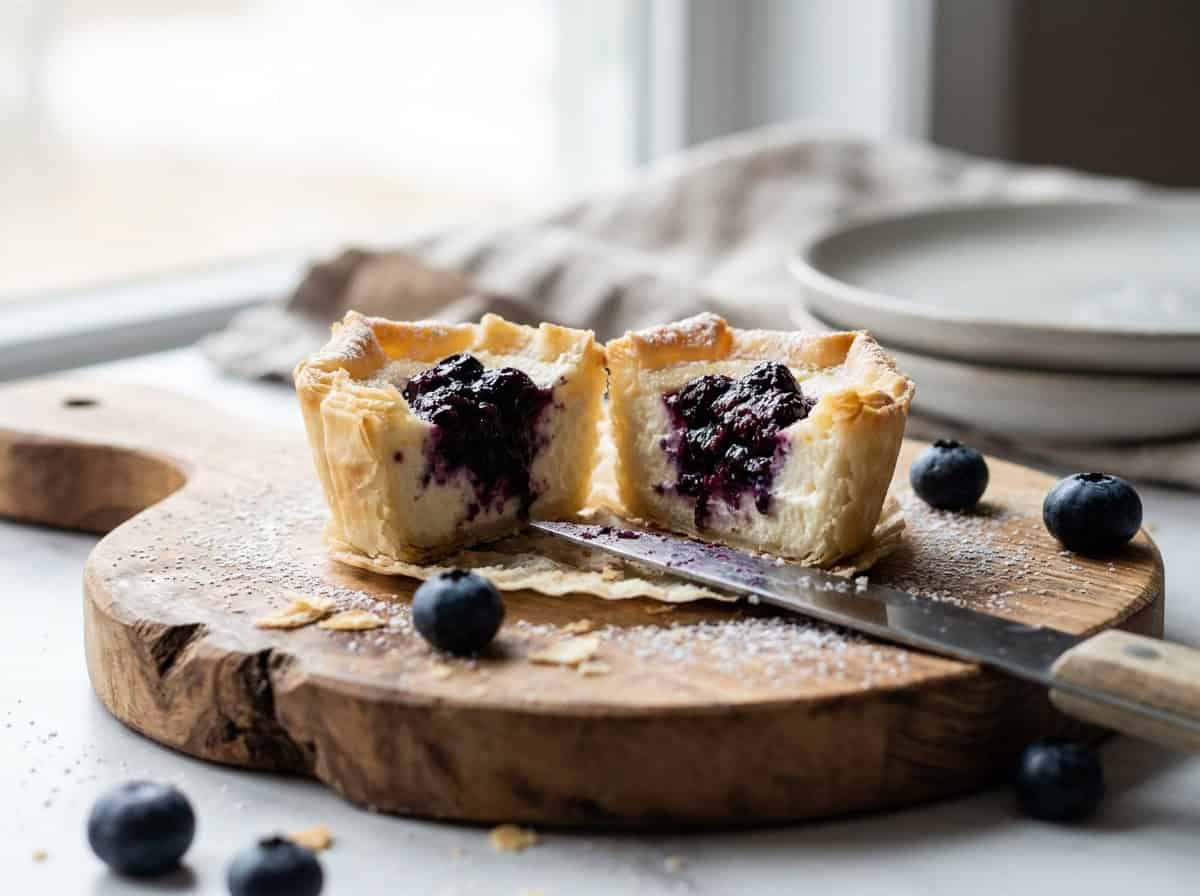 A wild blueberry no bake cheesecake bite cut open to show the creamy filling and blueberry topping.