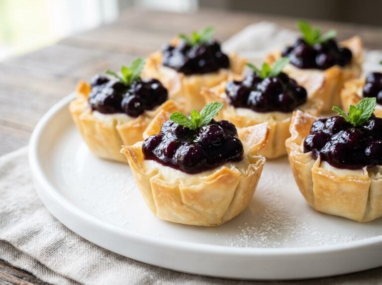 A white plate of wild blueberry no bake cheesecake bites in phyllo cups topped with blueberry sauce and fresh mint.