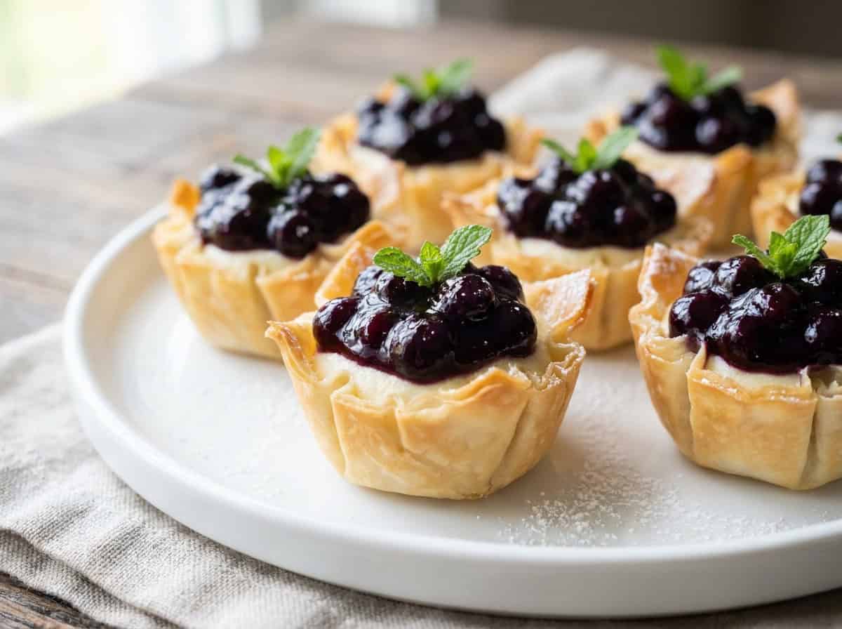 A white plate of wild blueberry no bake cheesecake bites in phyllo cups topped with blueberry sauce and fresh mint.