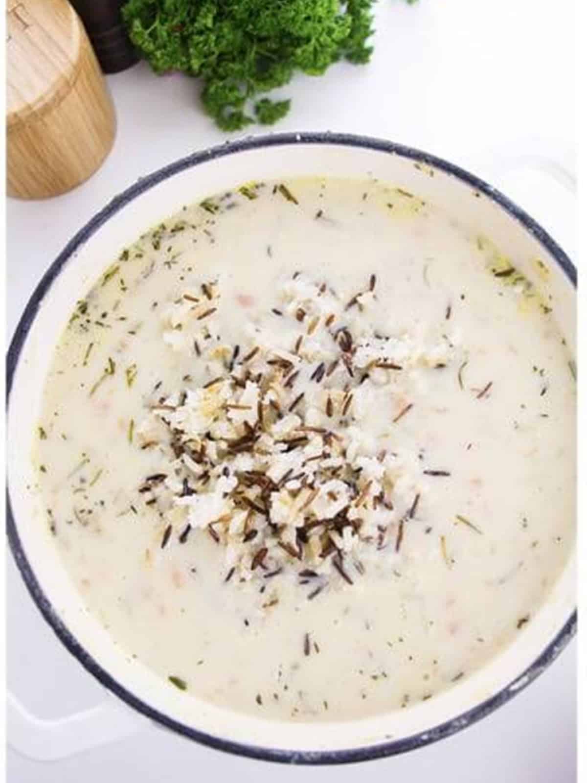 Half and half stirred into the soup for a creamy finish.
