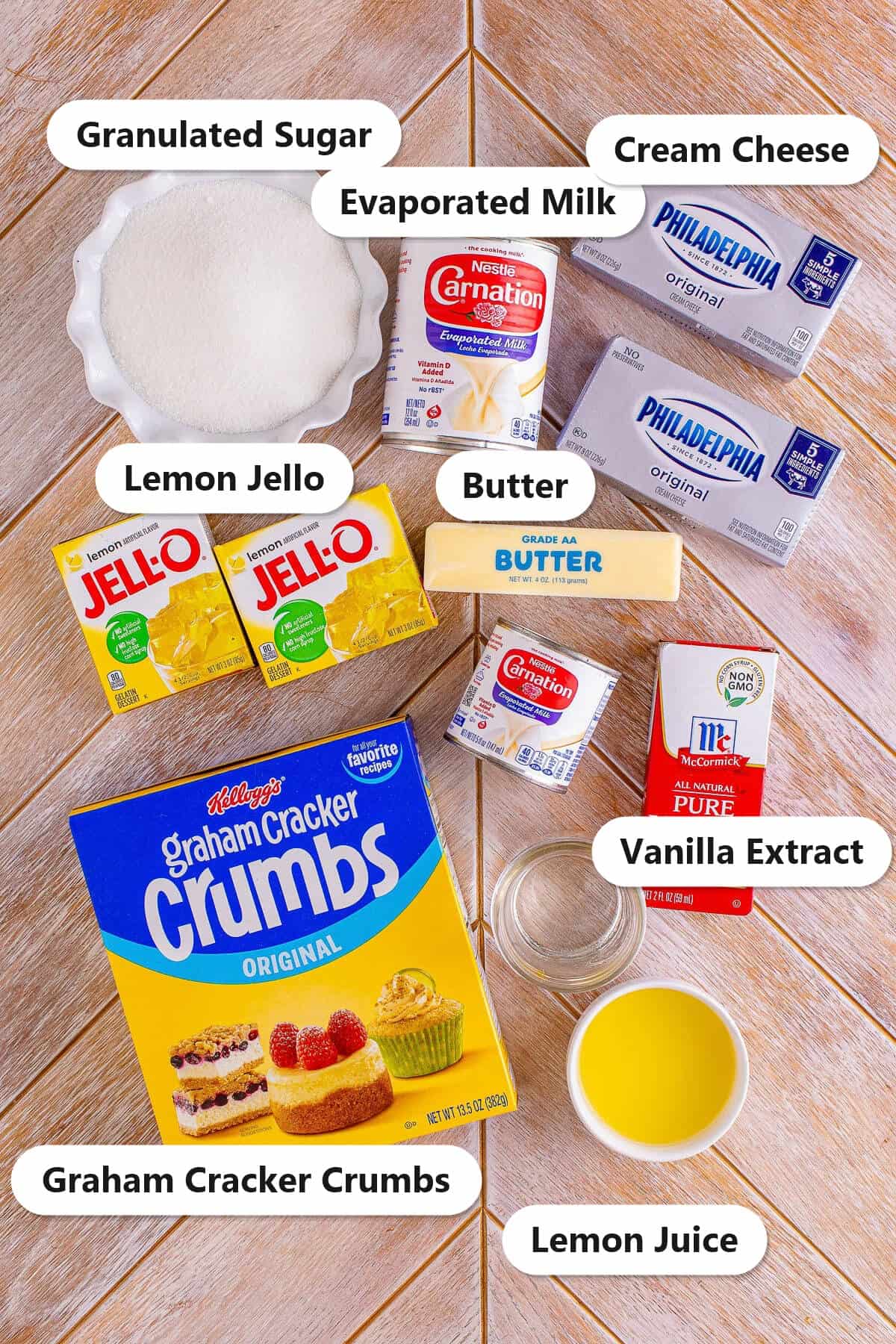Labeled ingredients for woolworth cheesecake recipe including lemon jello, cream cheese, evaporated milk, graham cracker crumbs, butter, sugar, vanilla extract, and lemon juice.