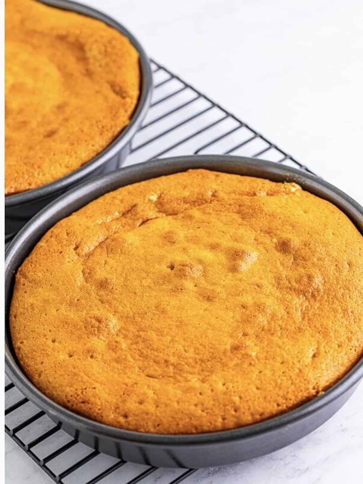 Two golden baked Yellow Cake layers cooling on a rack.