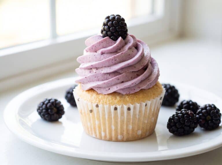 An angel food cupcake topped with a swirl of pale purple blackberry buttercream and a fresh blackberry.