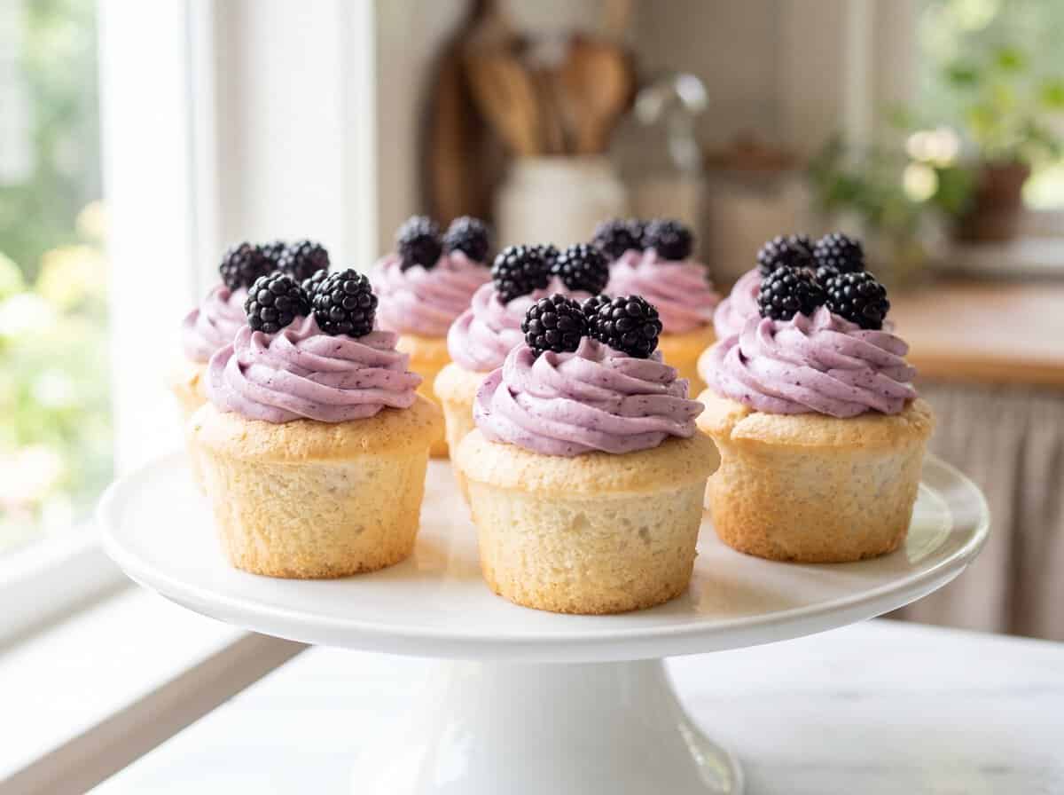 Several angel food cupcakes with blackberry frosting swirls and fresh blackberries on a white cake stand.
