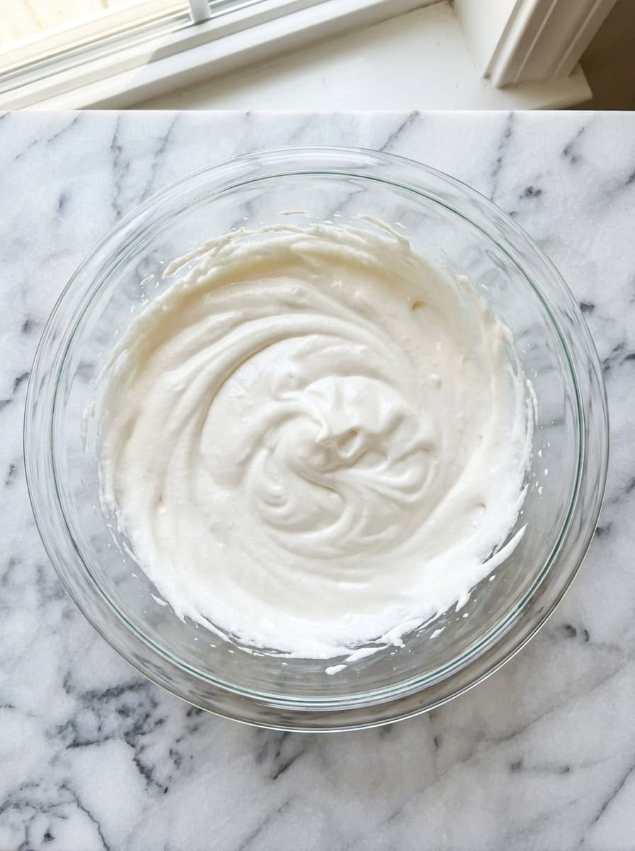 Light and airy whipped angel food cupcake batter in a glass mixing bowl.