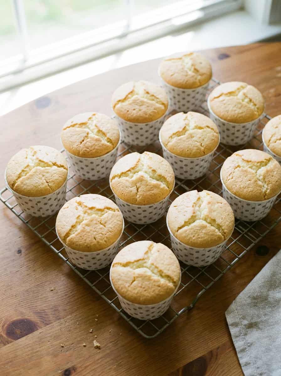 Freshly baked plain angel food cupcakes cooling on a wire rack.