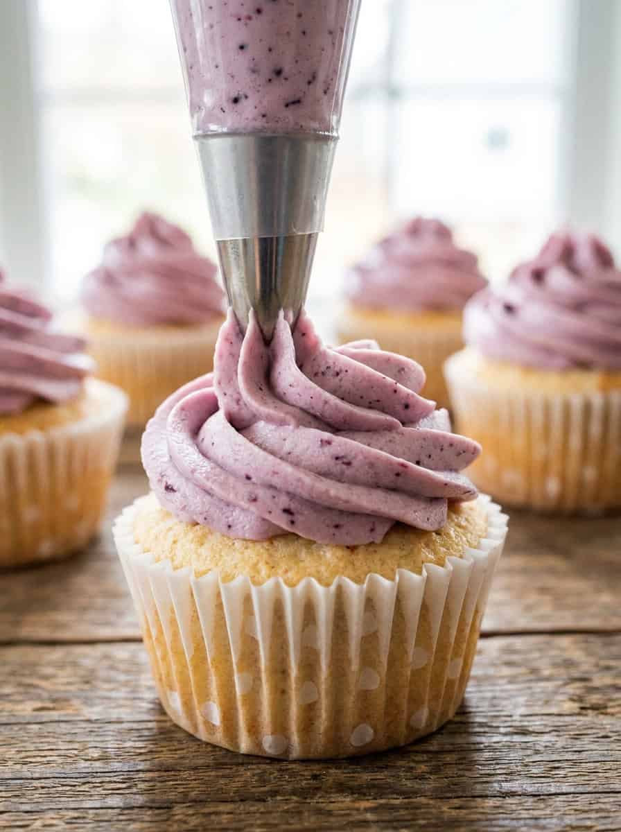 Pale purple blackberry buttercream being piped in a swirl onto an angel food cupcake.