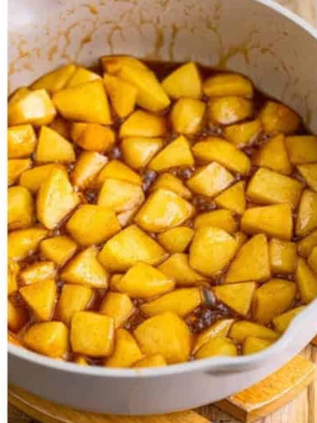 Diced apples cooked until tender and golden in the cinnamon butter sauce.