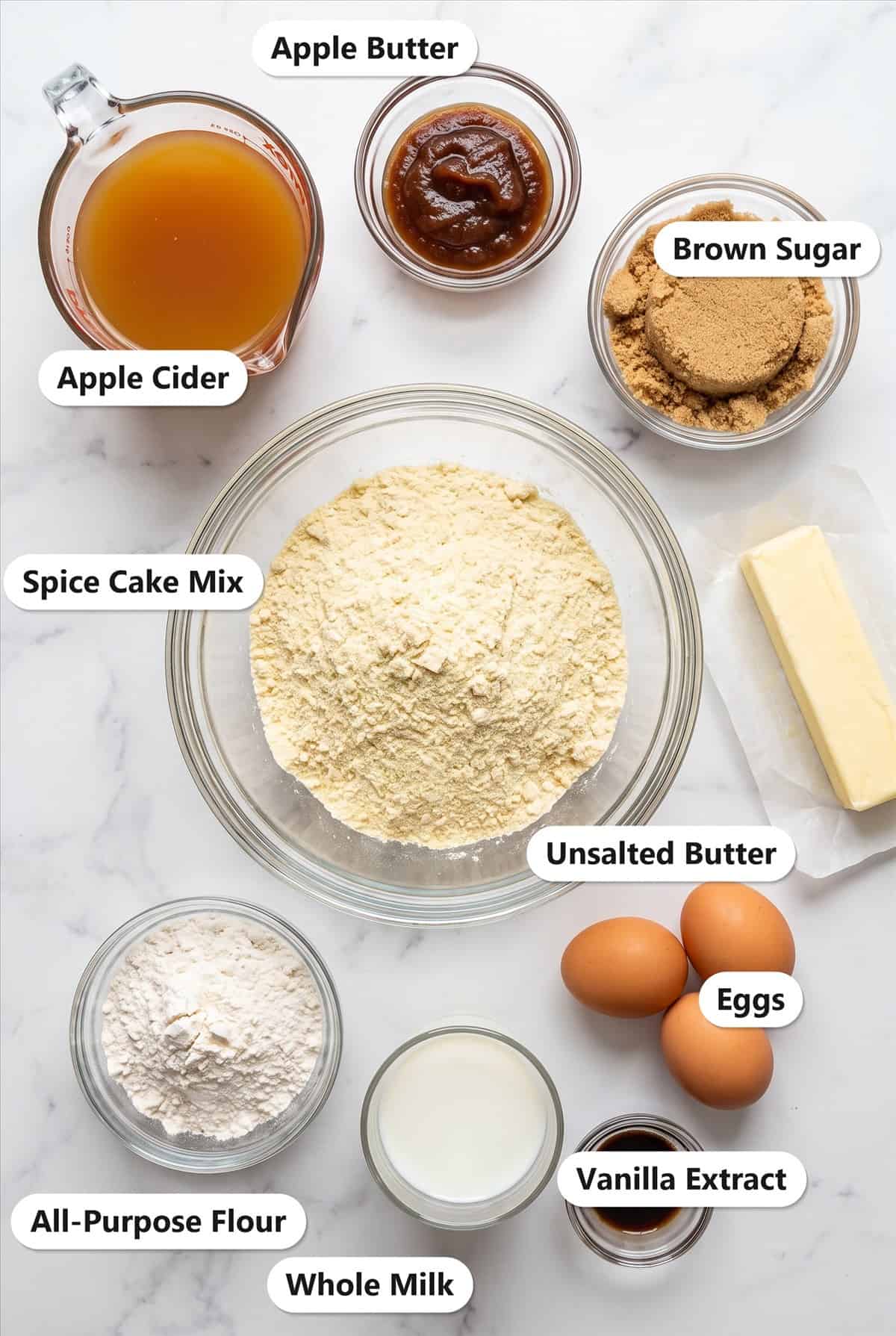 Labeled ingredients needed to make Apple Cider Cake.