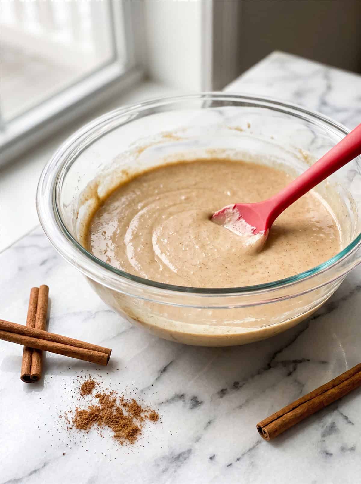 Apple Cider Cake batter mixed smooth in a glass bowl.