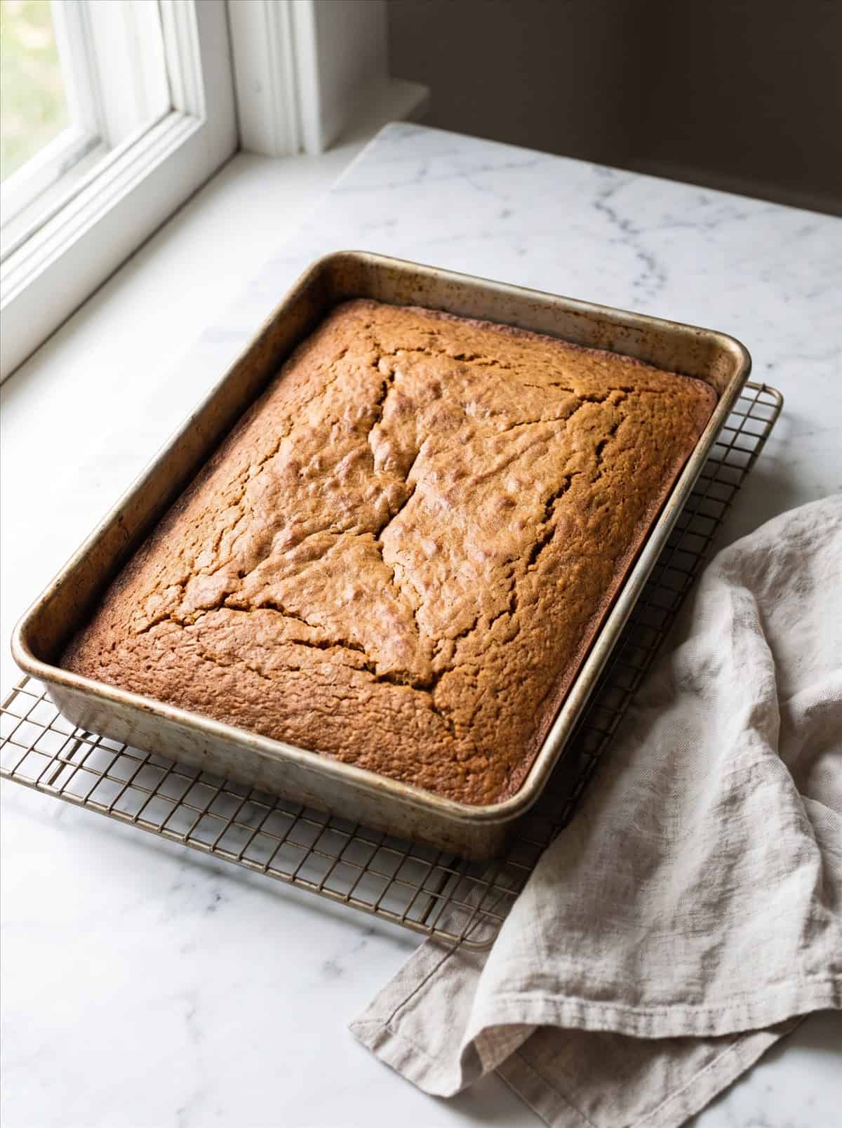 Baked Apple Cider Cake cooling in the pan on a wire rack.