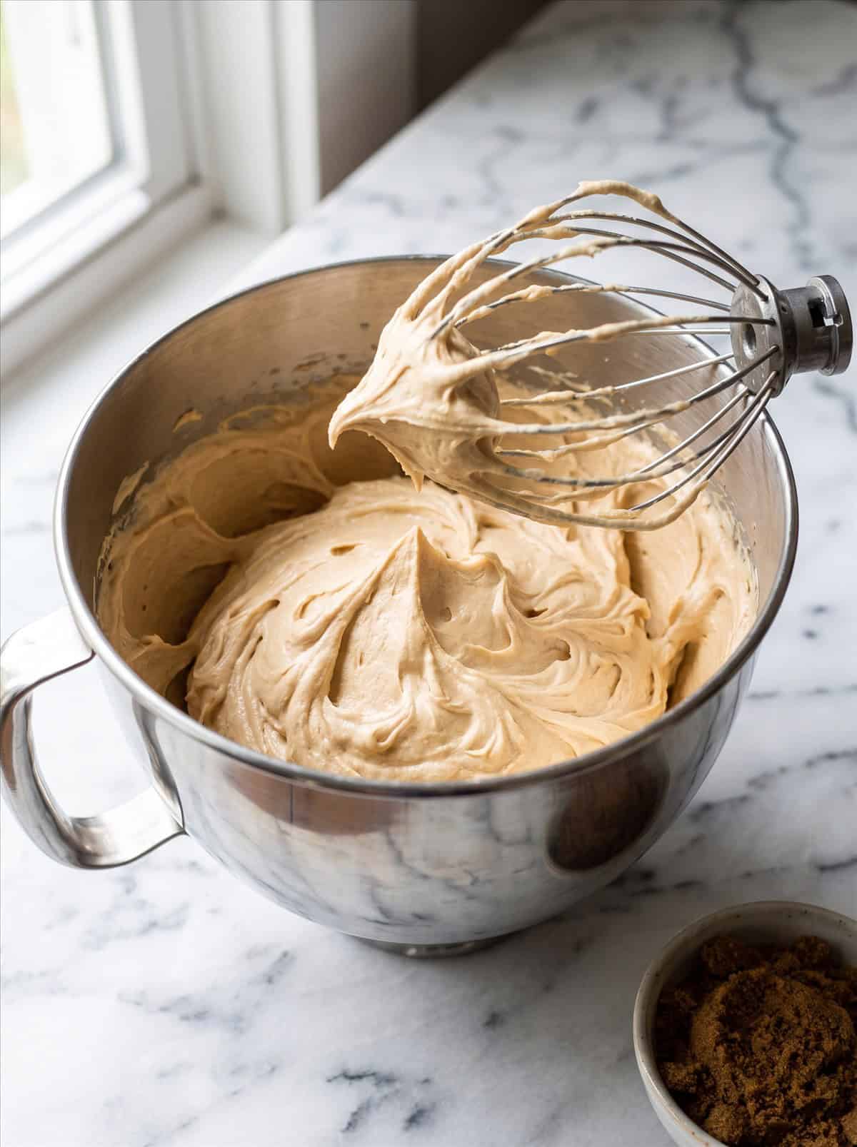 Fluffy brown sugar frosting whipped in a stand mixer bowl.