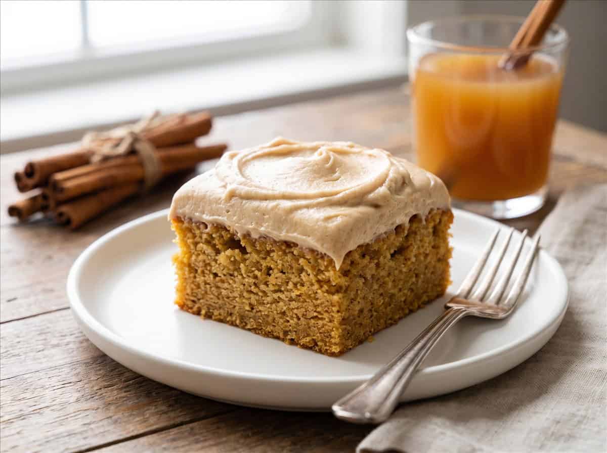 A frosted square slice of Apple Cider Cake on a white plate with a glass of apple cider.