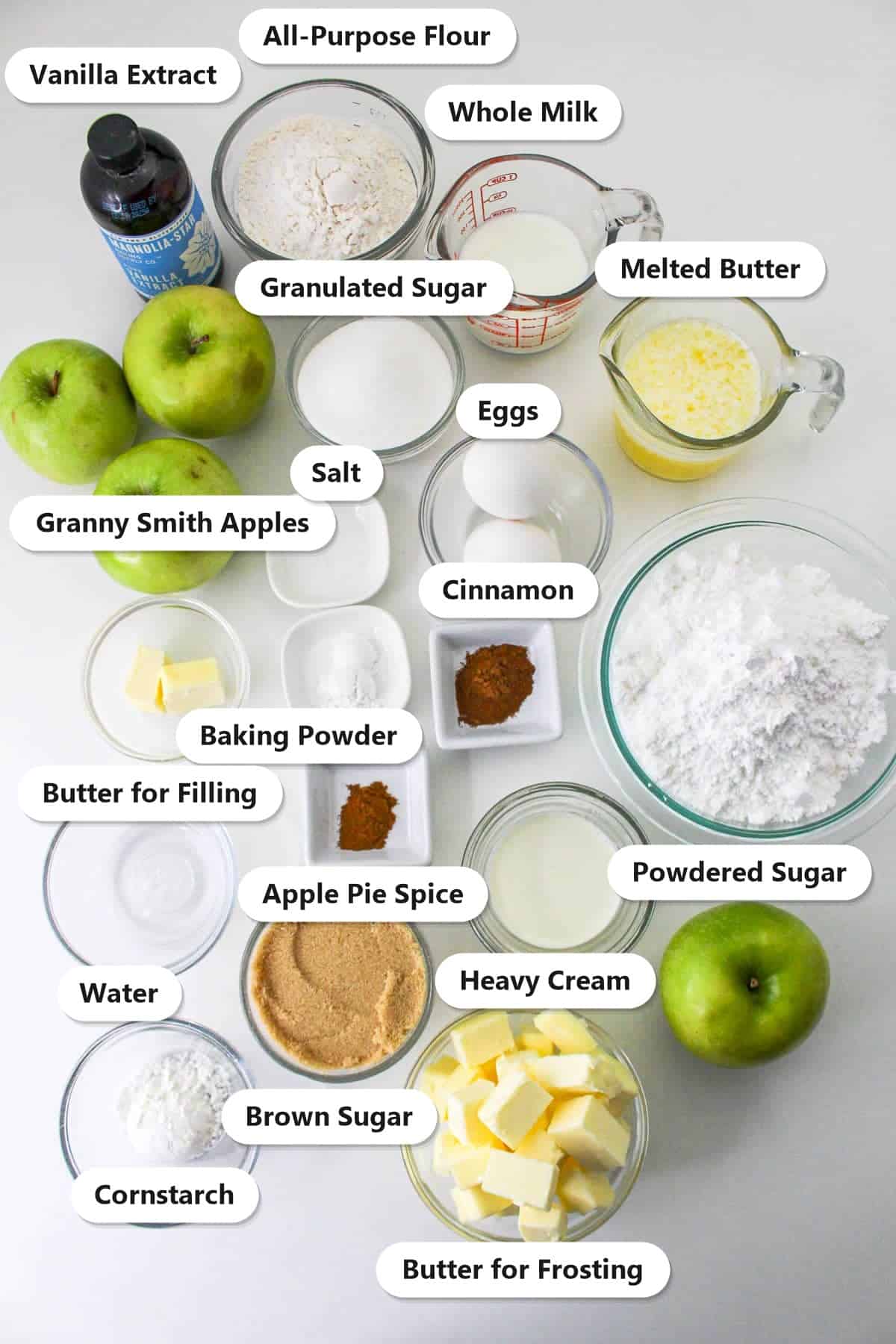 Labeled ingredients needed to make Apple Pie Cupcakes.