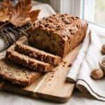 A sliced loaf of apple walnut bread on a wooden cutting board showing the tender crumb studded with apples and walnuts.