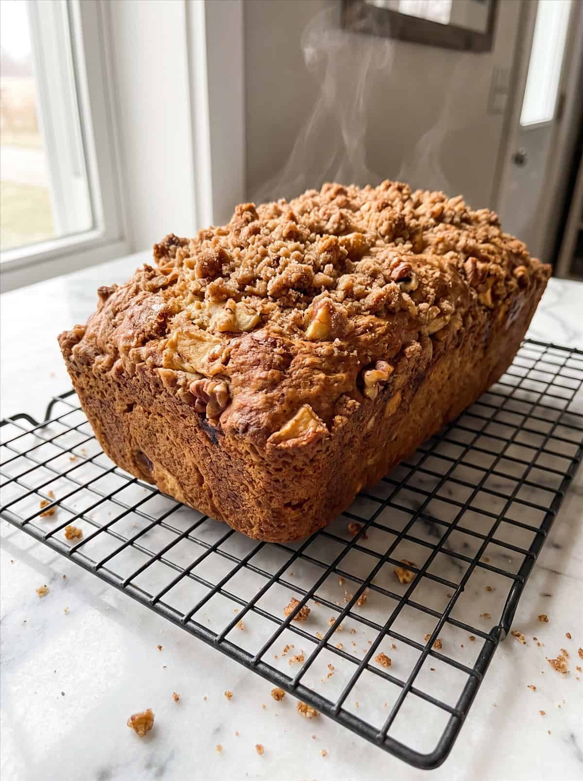 A freshly baked golden apple walnut bread loaf with crunchy walnut topping cooling on a wire rack.