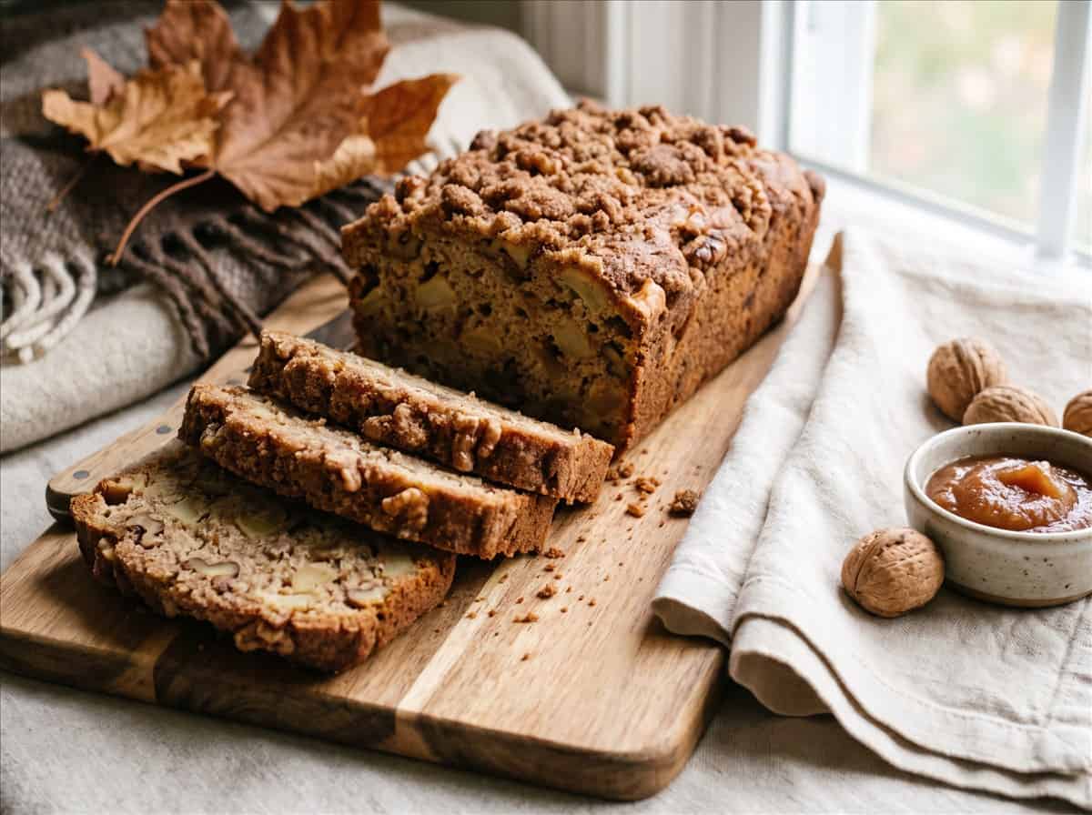 A sliced loaf of apple walnut bread on a wooden cutting board showing the tender crumb studded with apples and walnuts.