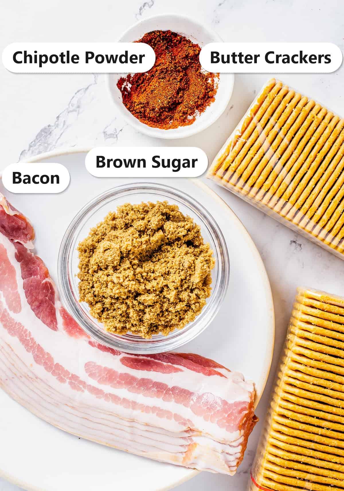 Labeled ingredients for Bacon Crackers: butter crackers, bacon, brown sugar, and chipotle powder.