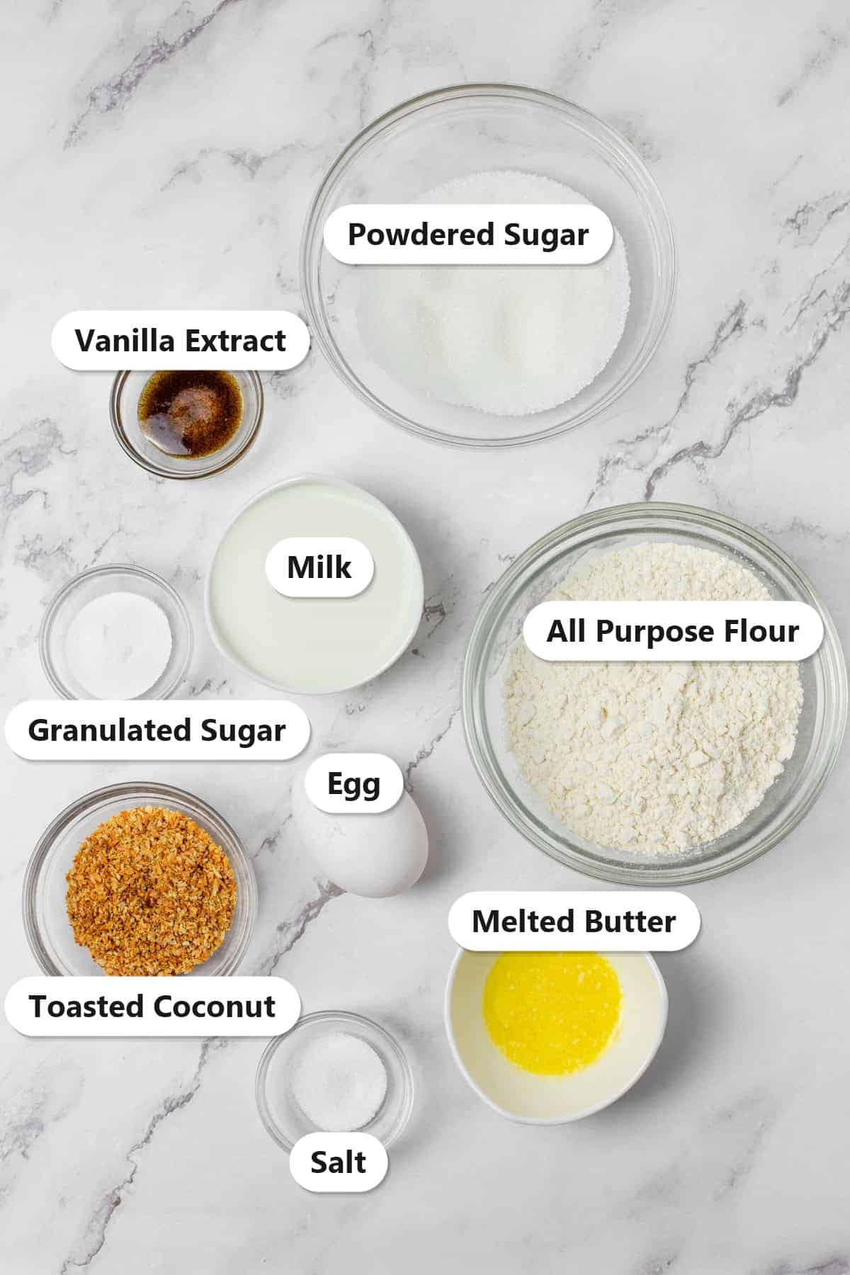 Labeled ingredients for baked donut holes including flour, powdered sugar, granulated sugar, milk, egg, melted butter, vanilla, salt, and toasted coconut.