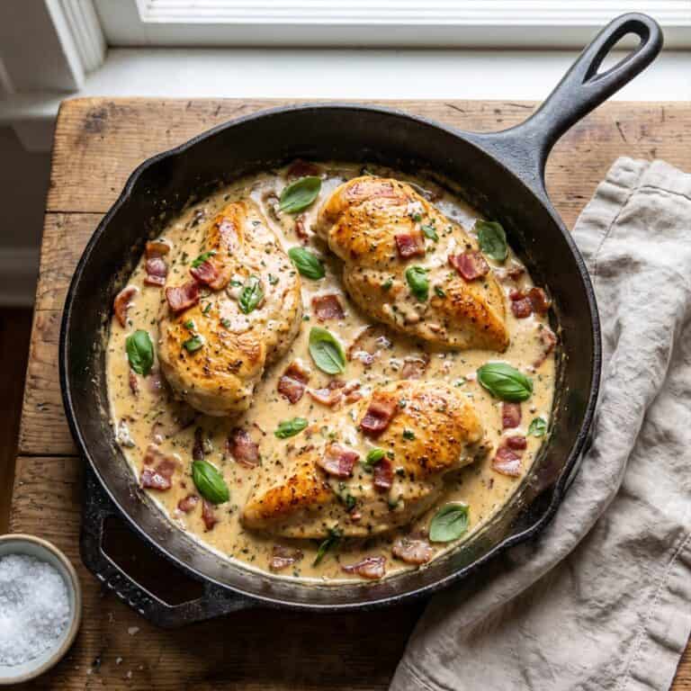 Boursin Chicken breasts in a creamy basil bacon sauce in a skillet.