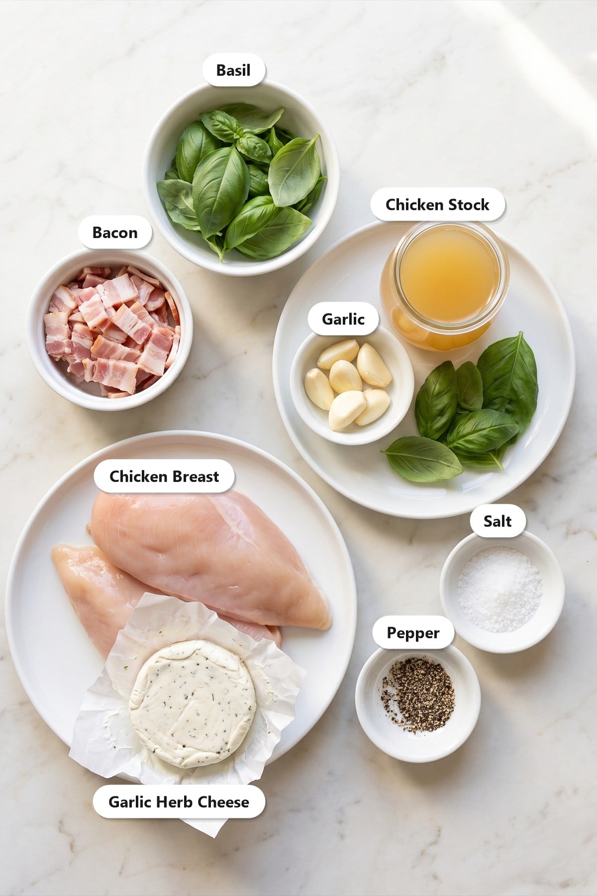Labeled ingredients needed to make Boursin Chicken.