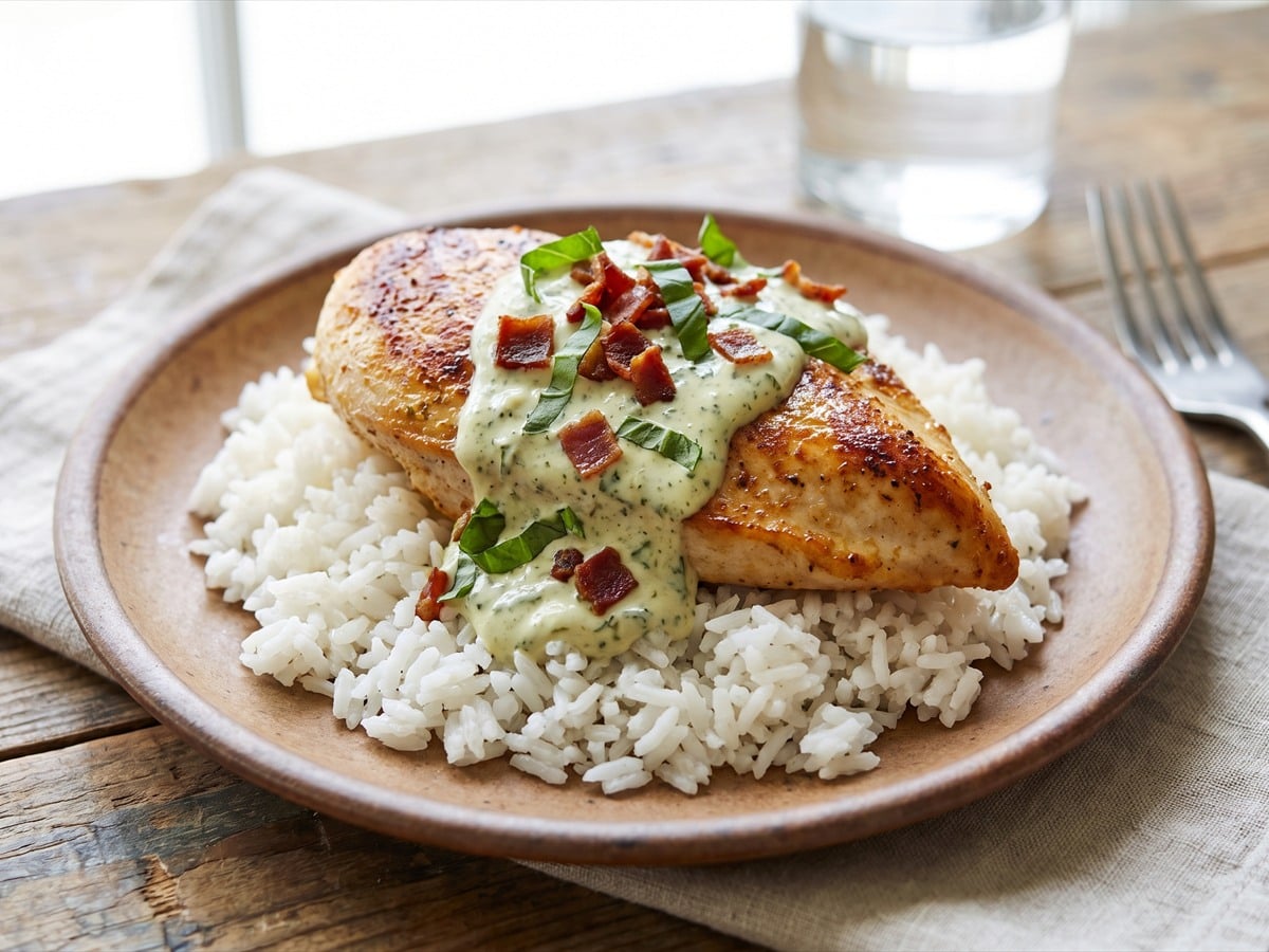 A Boursin Chicken breast over rice with creamy sauce, bacon, and basil.