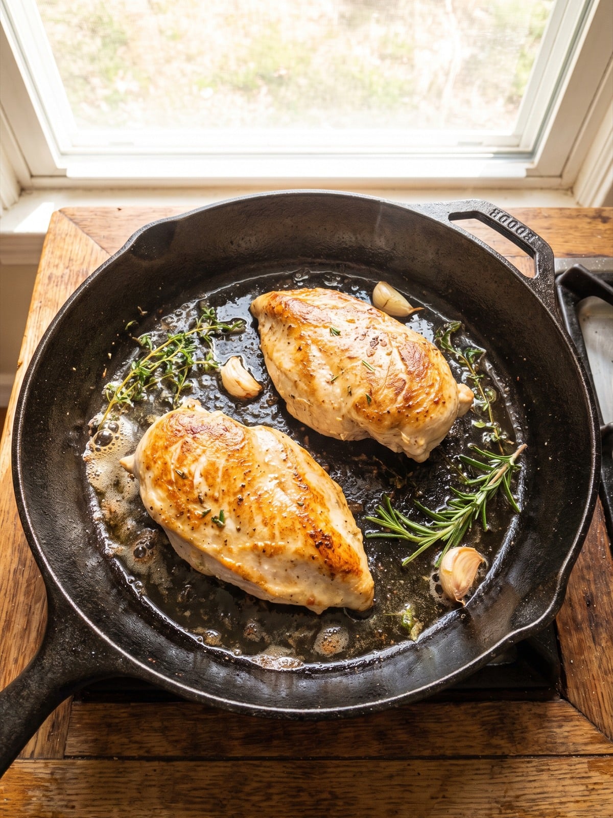 Chicken breasts searing in a skillet.