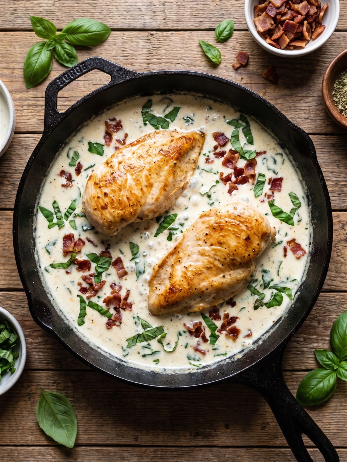 Basil and bacon stirred into the creamy sauce with chicken.