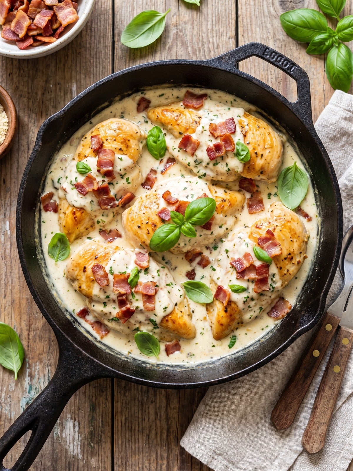 Finished Boursin Chicken with creamy basil bacon sauce in a skillet.