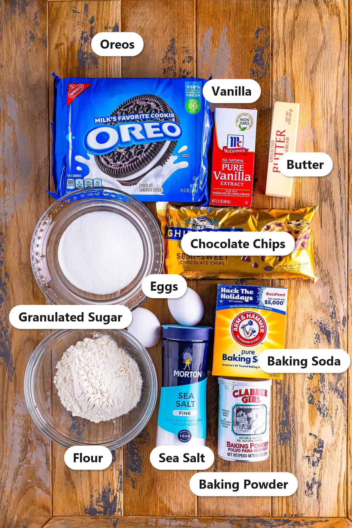 Labeled ingredients for Brownie Cookies including Oreos, chocolate chips, flour, sugar, eggs, butter, vanilla, baking soda, baking powder, and sea salt.