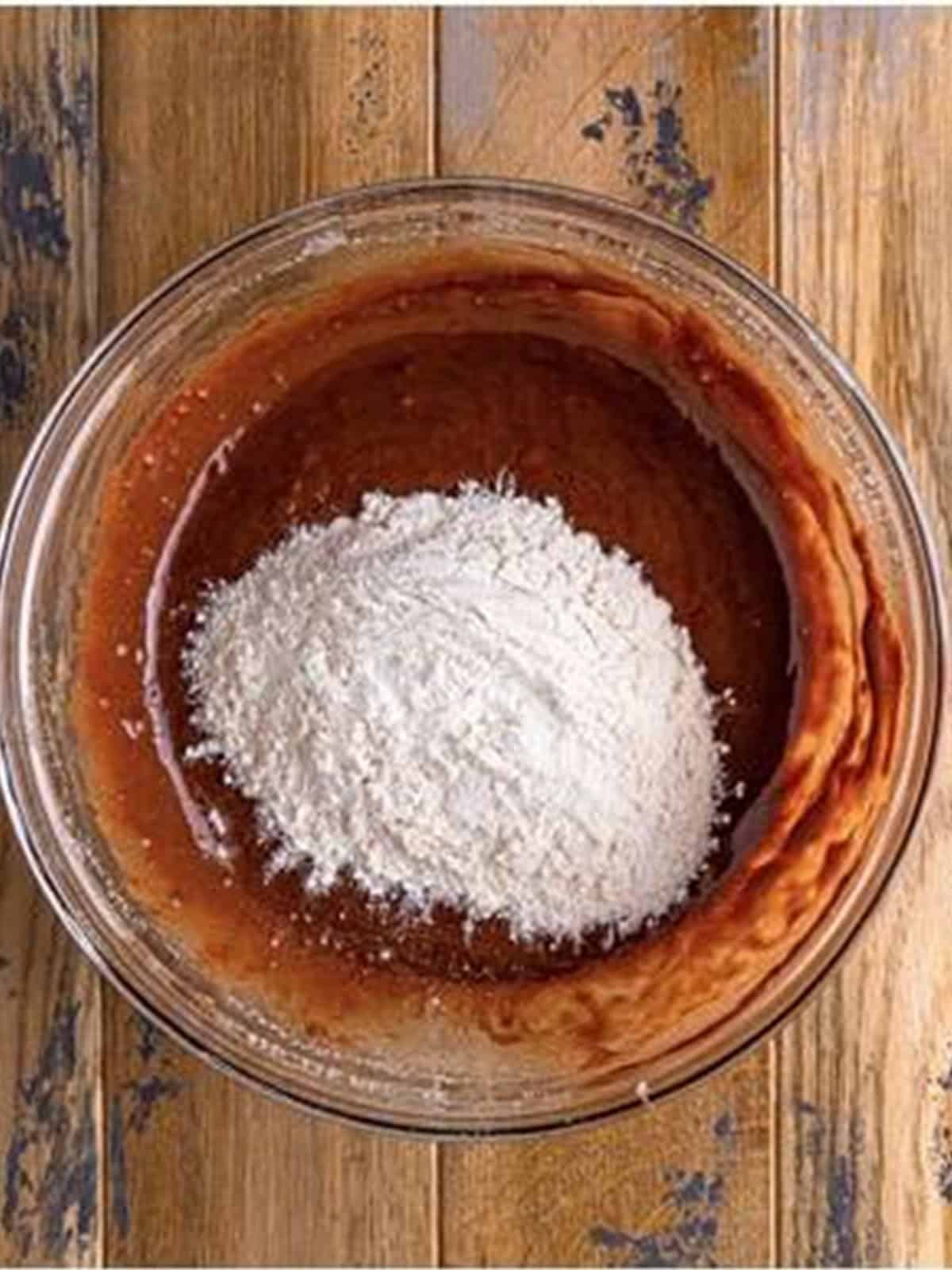 Dry ingredients folded into the chocolate cookie batter.