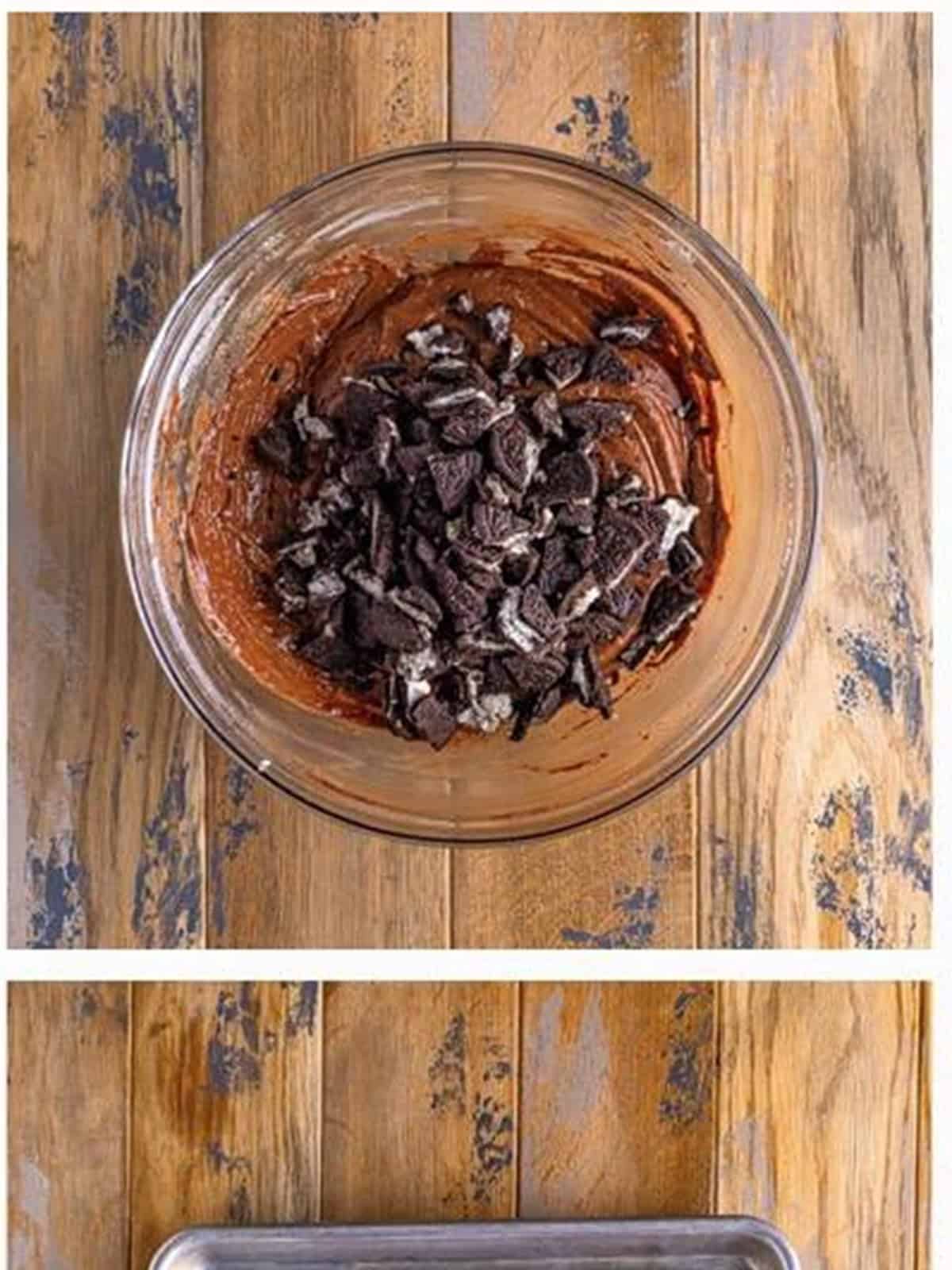 Chopped Oreos folded into the fudgy brownie cookie dough.