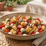 A serving bowl of caprese Panzanella with tomatoes, mozzarella, basil, and golden croutons.