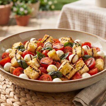 A serving bowl of caprese Panzanella with tomatoes, mozzarella, basil, and golden croutons.