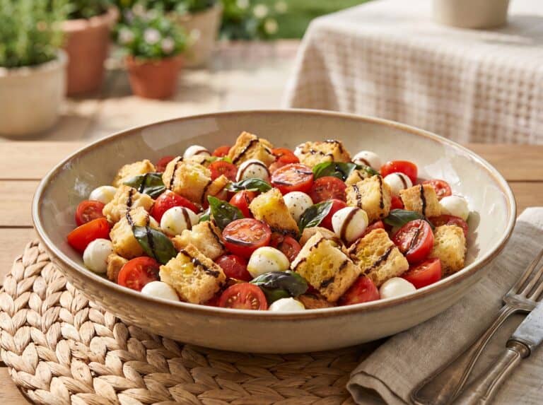 A serving bowl of caprese Panzanella with tomatoes, mozzarella, basil, and golden croutons.